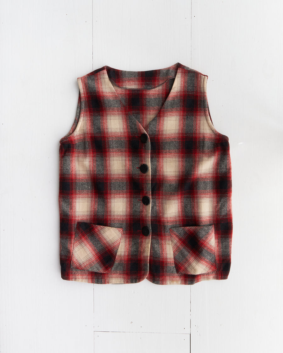 1970's Plaid Red & Black Wool Vest