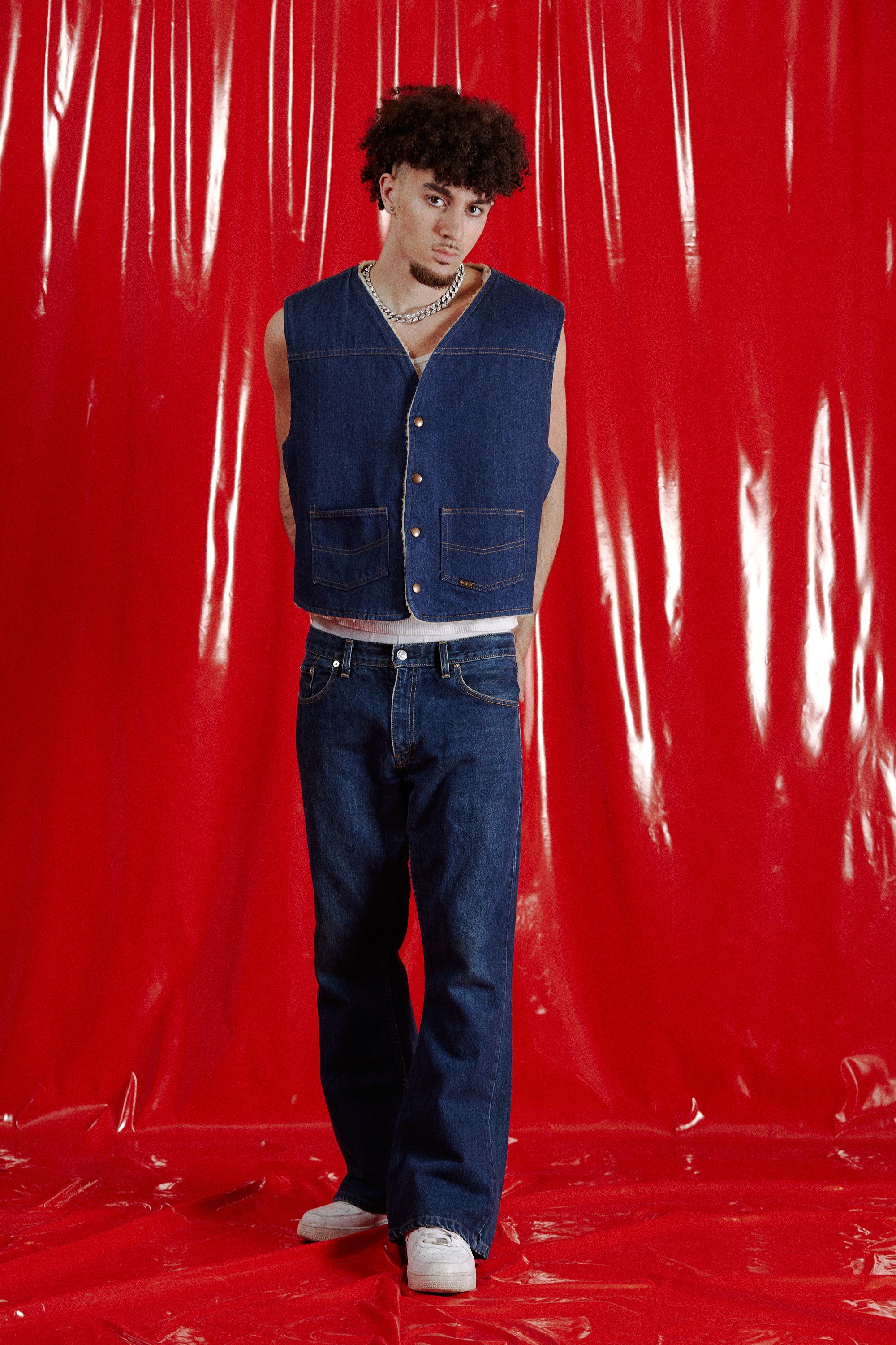 Western Wear Sherpa Lined Denim Vest in a vintage style from thrift store Twise Studio