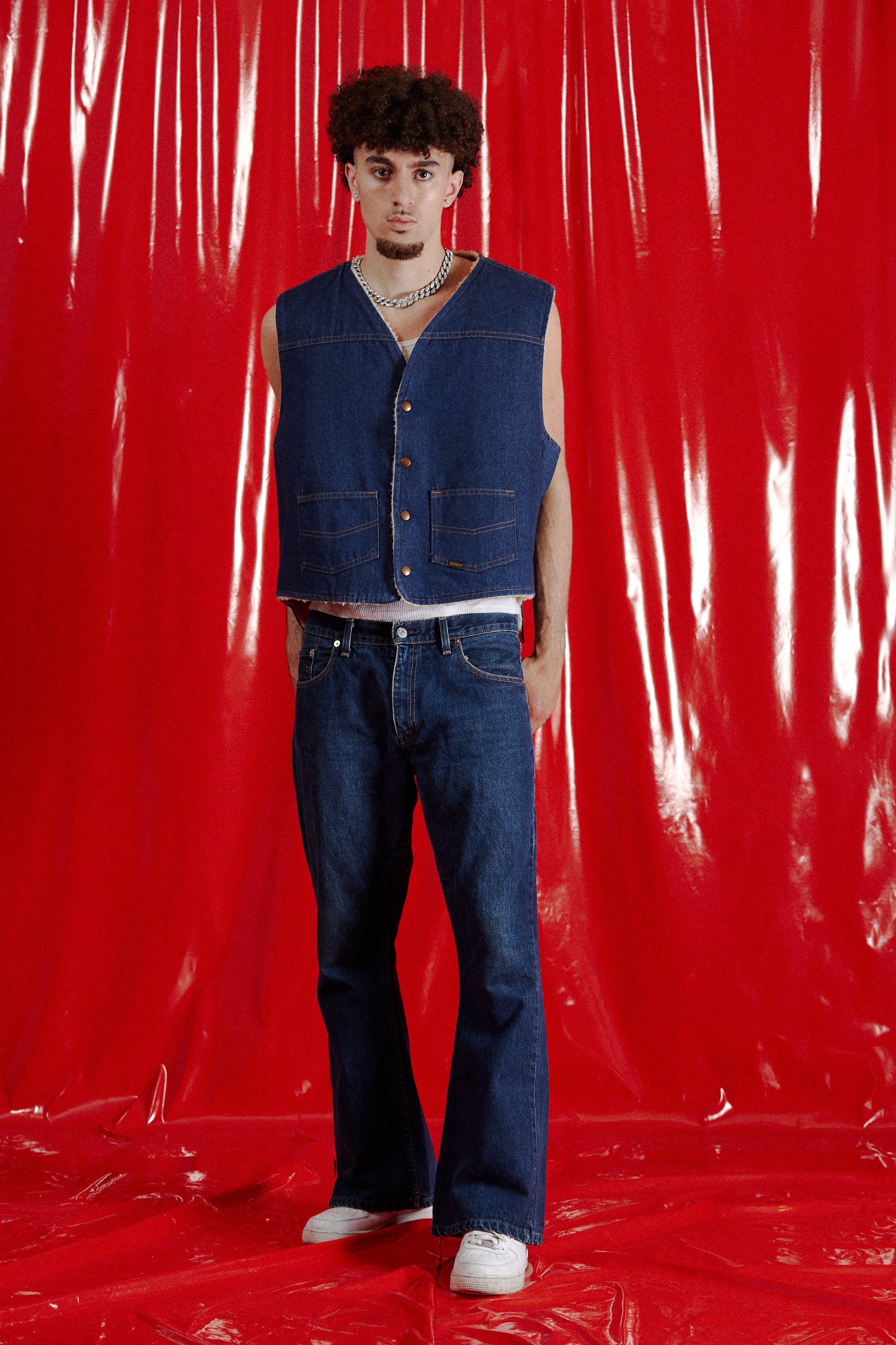 Western Wear Sherpa Lined Denim Vest in a vintage style from thrift store Twise Studio