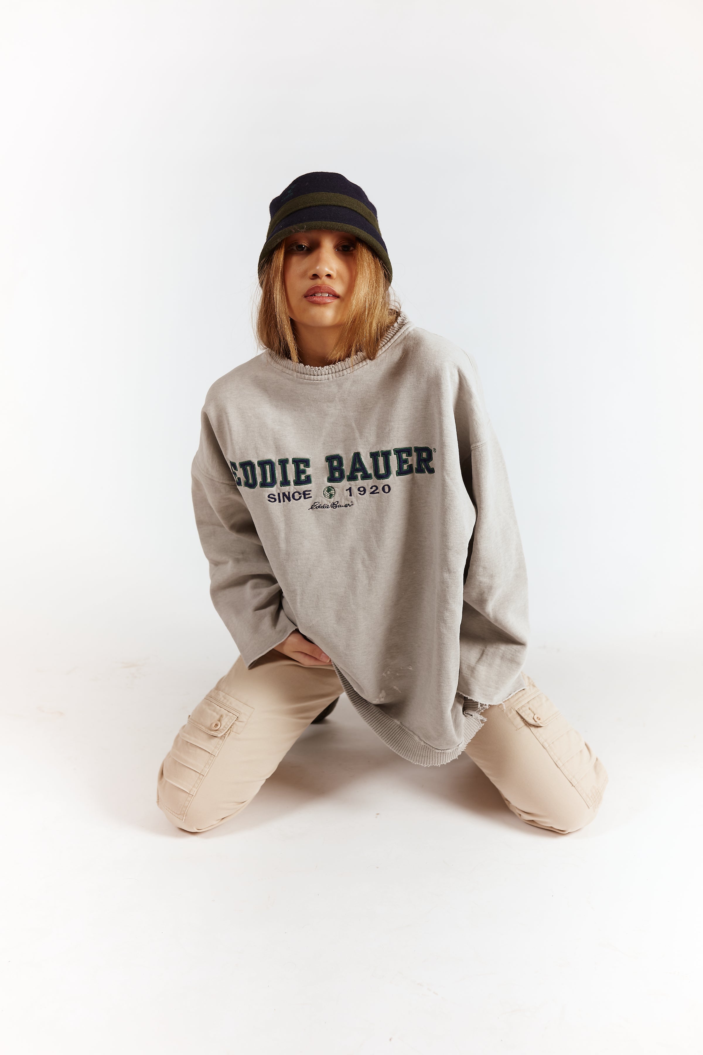 Eddie Bauer Distressed Crewneck in a vintage style from thrift store Twise Studio