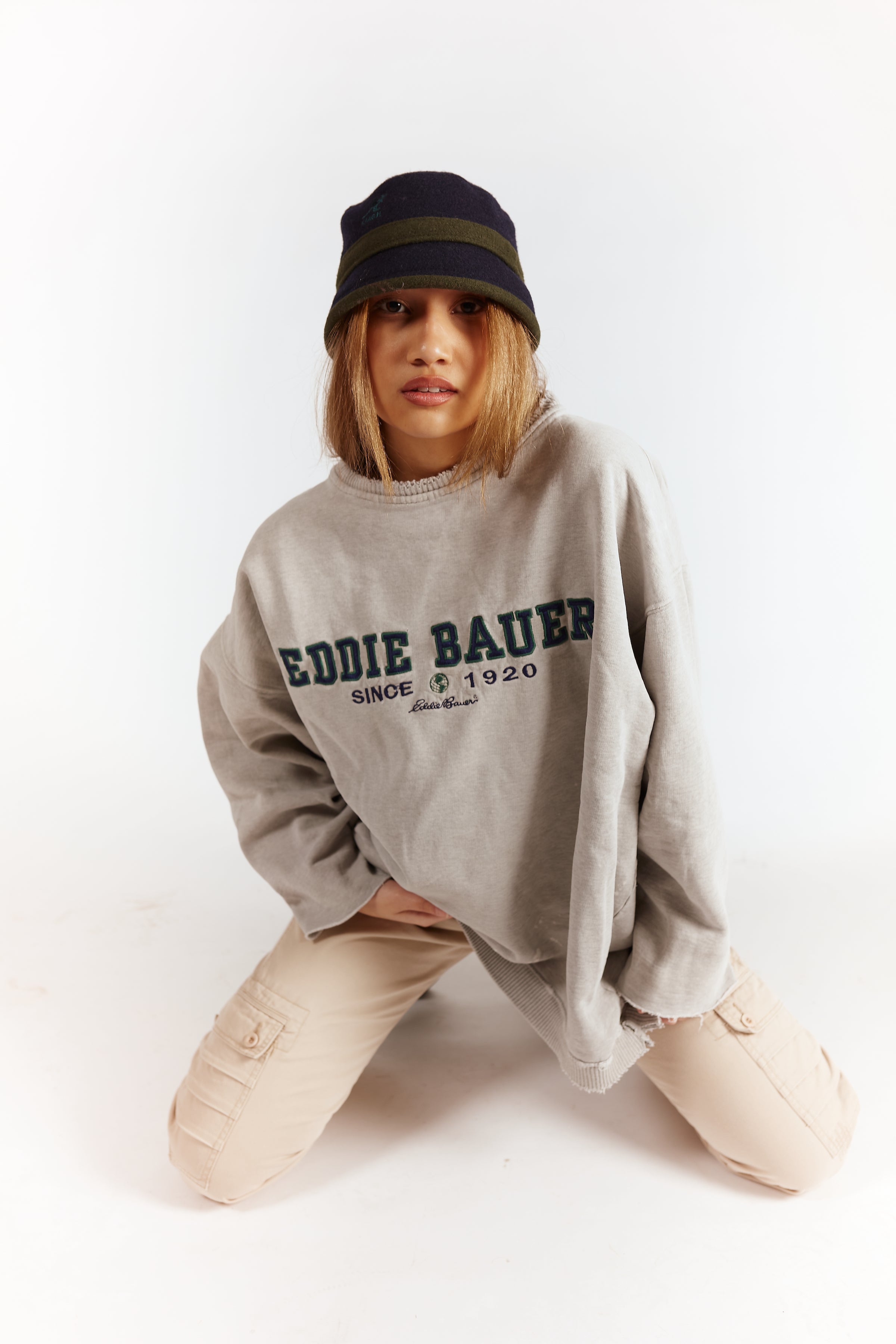 Eddie Bauer Distressed Crewneck in a vintage style from thrift store Twise Studio
