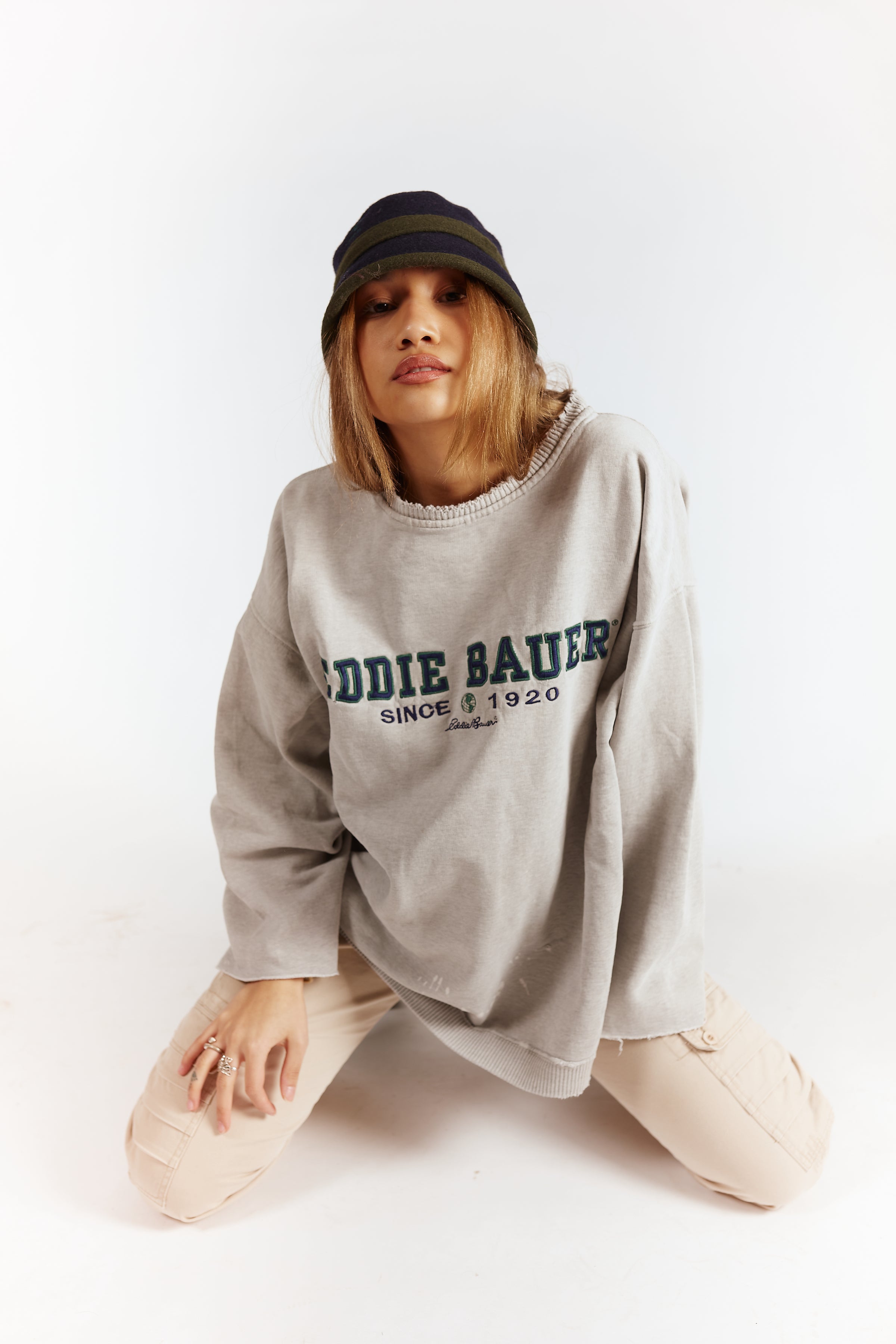 Eddie Bauer Distressed Crewneck in a vintage style from thrift store Twise Studio