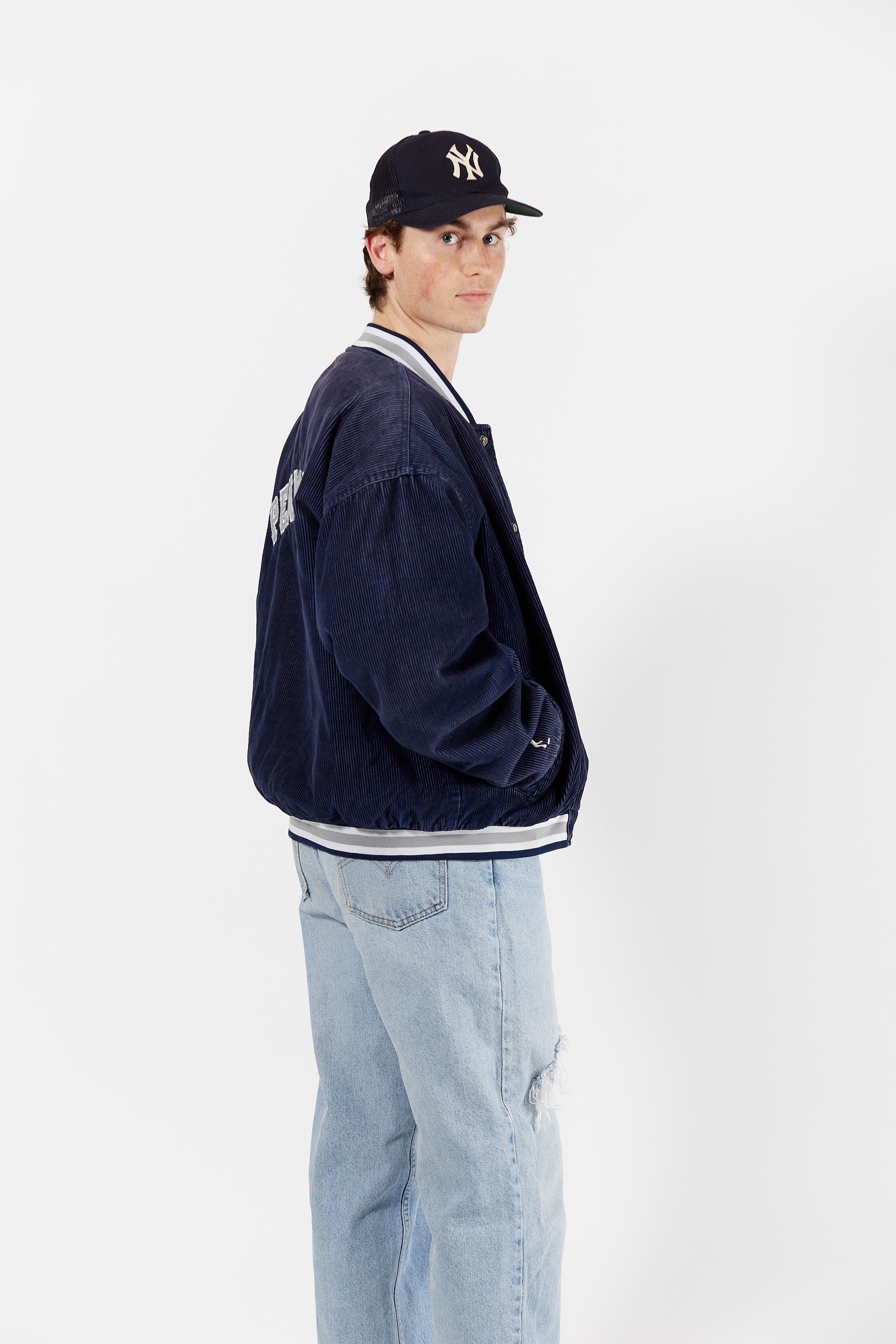 Penn State Nittany Lions Corduroy Bomber Jacket in a vintage style from thrift store Twise Studio