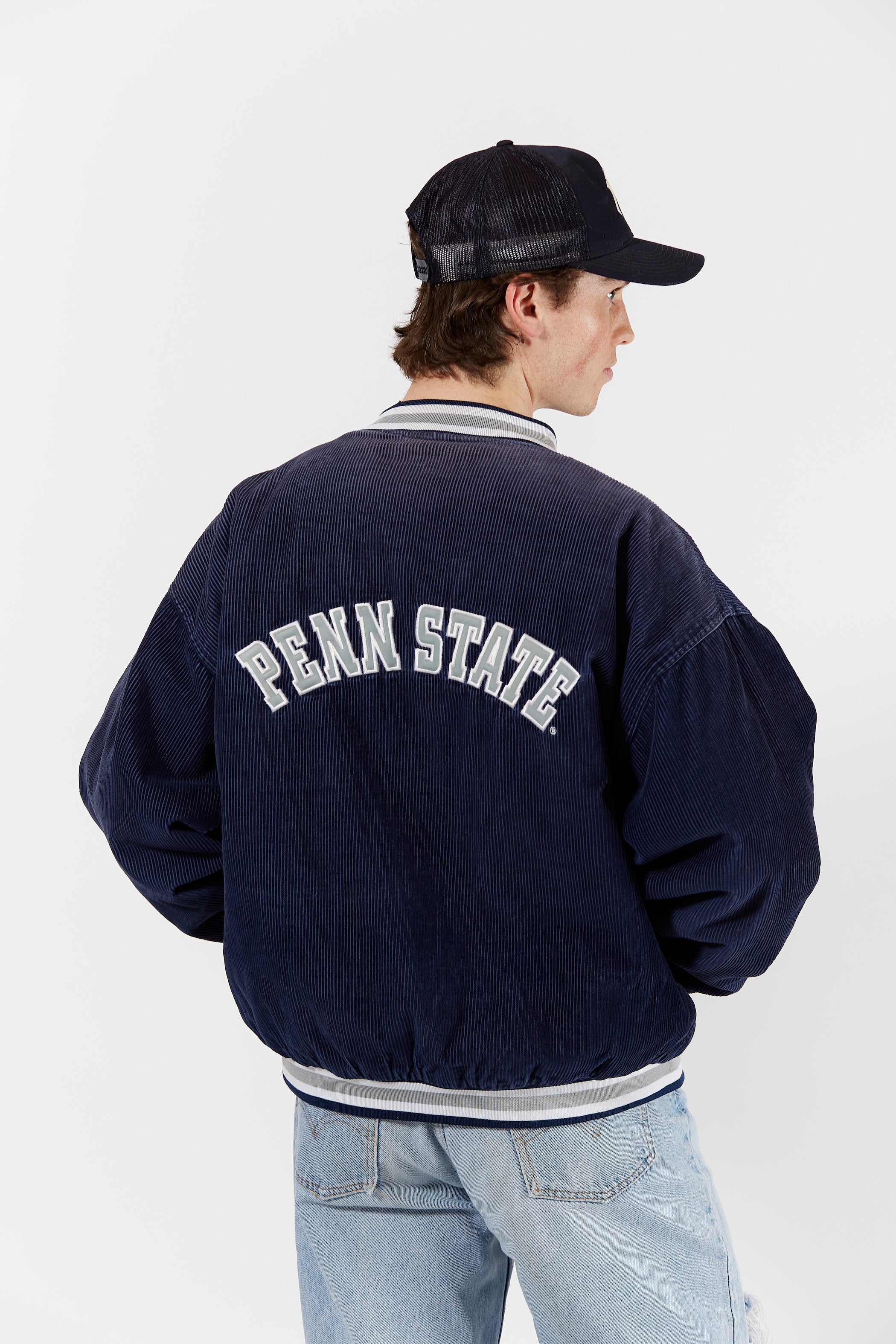 Penn State Nittany Lions Corduroy Bomber Jacket in a vintage style from thrift store Twise Studio