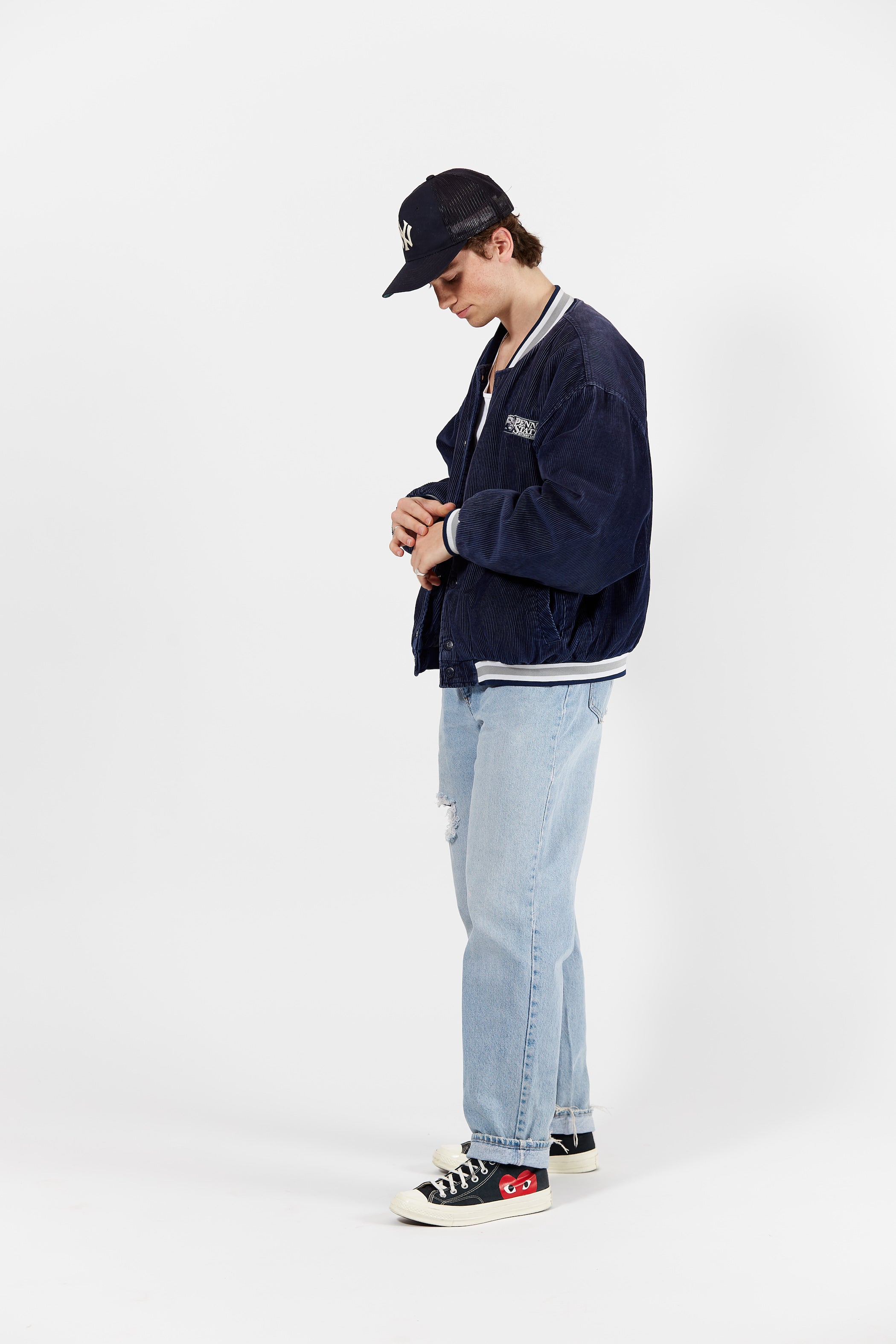 Penn State Nittany Lions Corduroy Bomber Jacket in a vintage style from thrift store Twise Studio