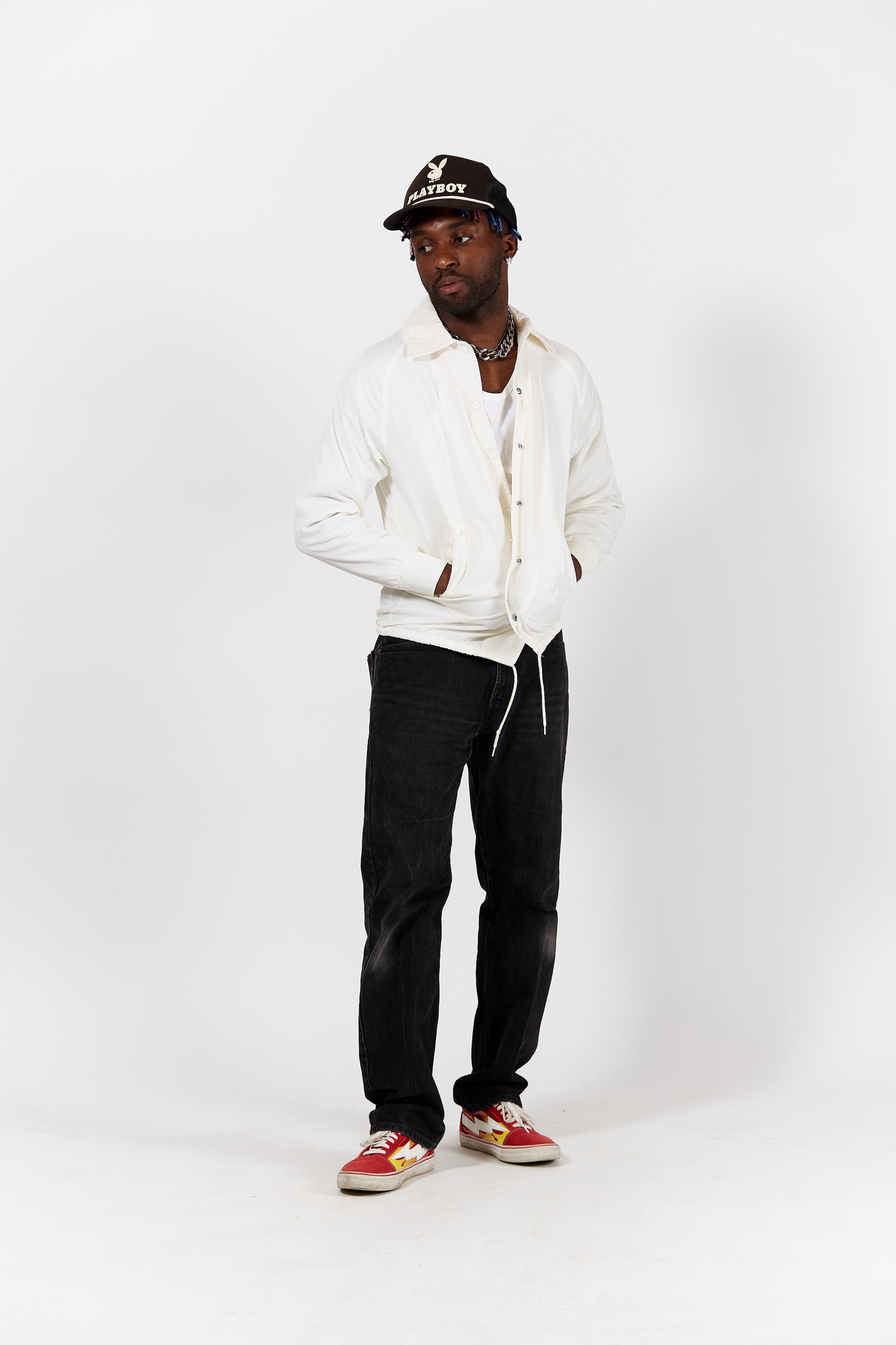 Classic White Coach's Jacket in a vintage style from thrift store Twise Studio