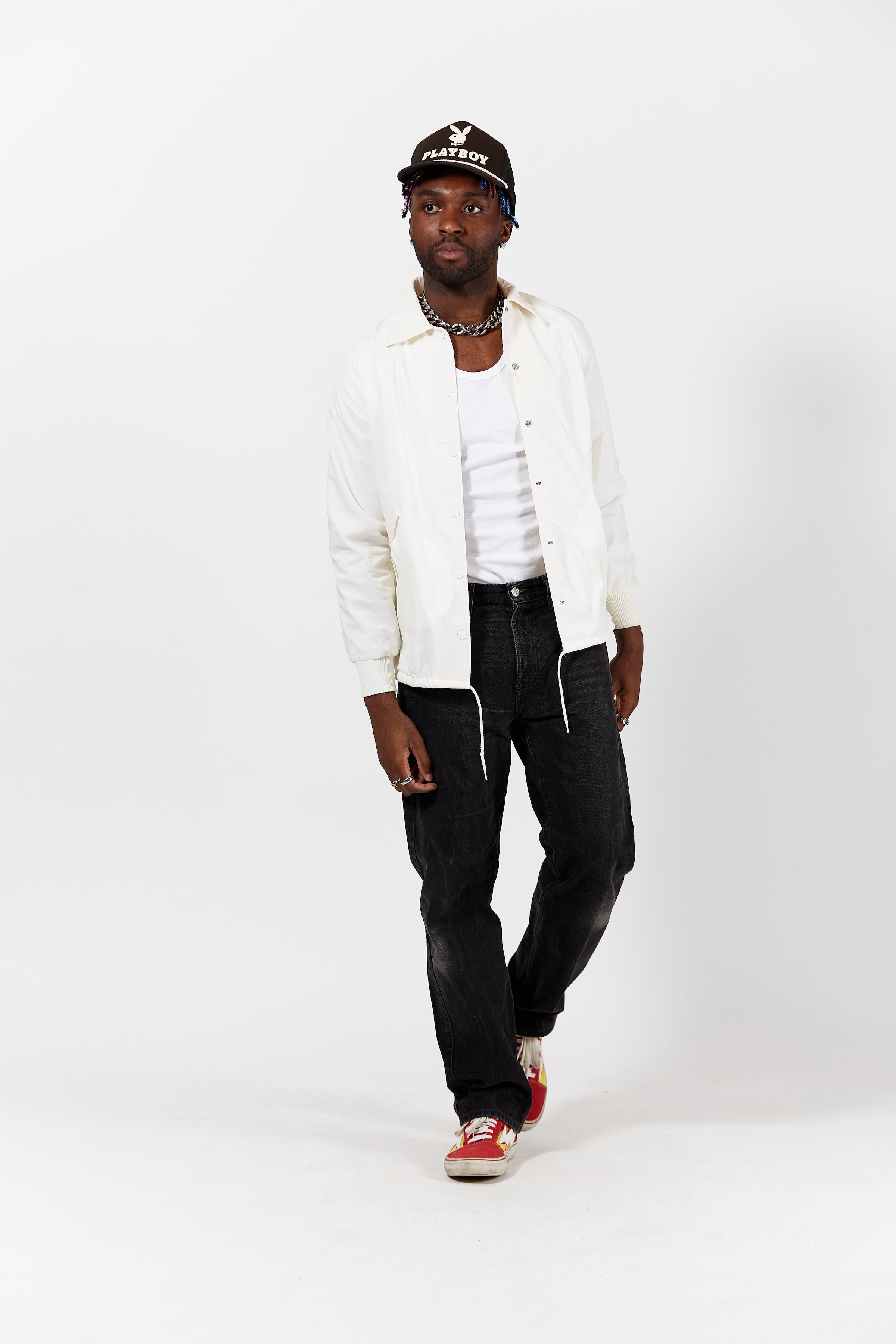 Classic White Coach's Jacket in a vintage style from thrift store Twise Studio